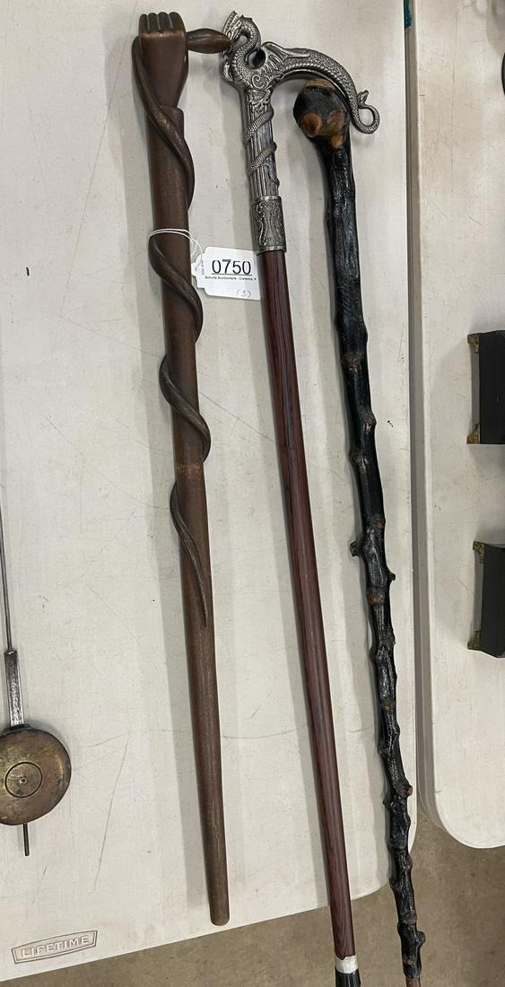 3 Canes incl. Carved Hand Holding Snake, etc (1 of 4)