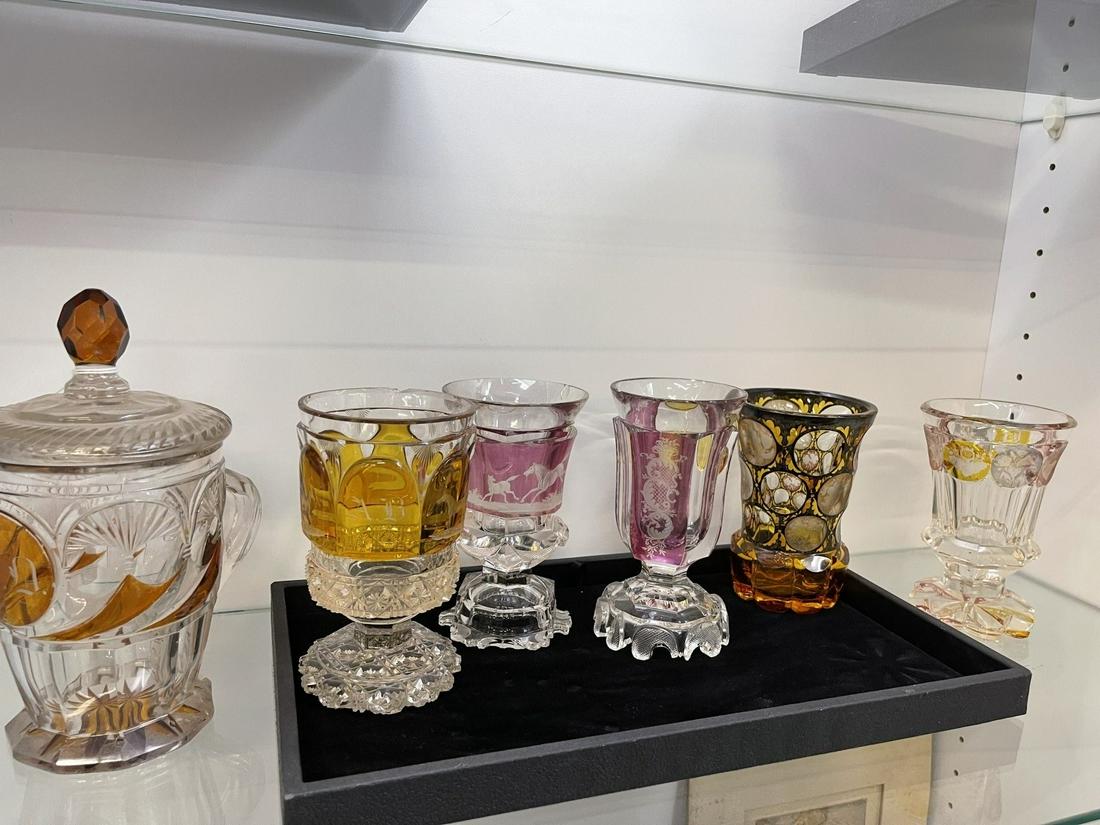 Amber Cut to Clear Covered Jar & 5 Goblets (1 of 5)