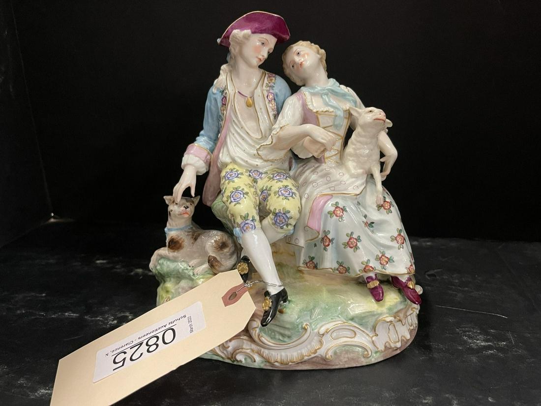 Meissen Porcelain Figurine of Man & Woman: Meissen Porcelain Figurine of Man & Woman w/ Dog and Lamb - Approx. 8" t x 8" w x 5.5"