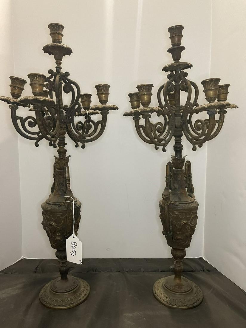 Pair of Bronze Urn Shaped Candelabra: Pair of Bronze Urn Shaped Candelabra with faces and griffin handles - approx 26.5" h x 11" w