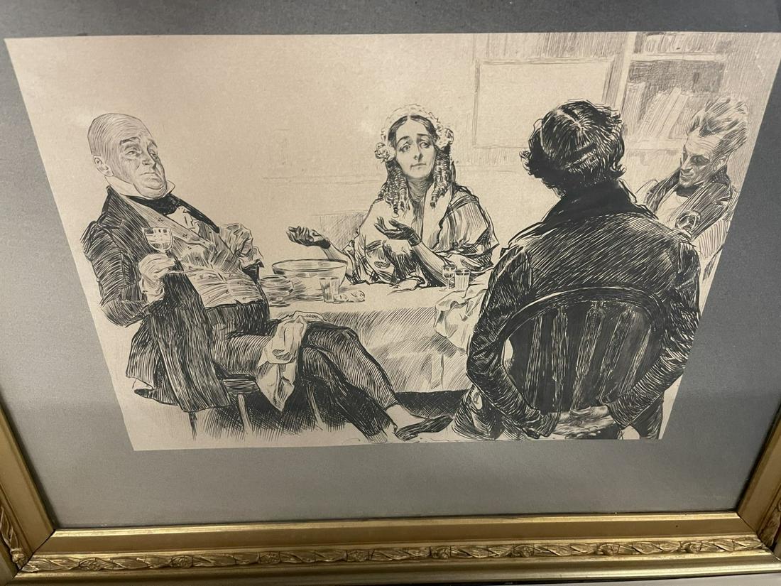 Pen & Ink Drawing of Gentleman & Lady: Pen & Ink Drawing of Gentleman & Lady at table with drinks - frame approx 23.75" x 19.75"