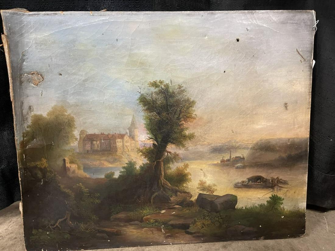 Oil on Canvas Painting of Boats, Lake, & Castle (1 of 4)