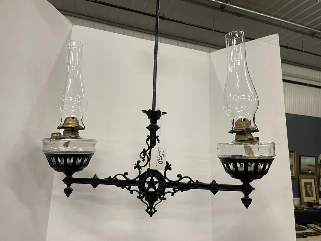 Cast Iron Frame Double Light Hanging Oil Lamp