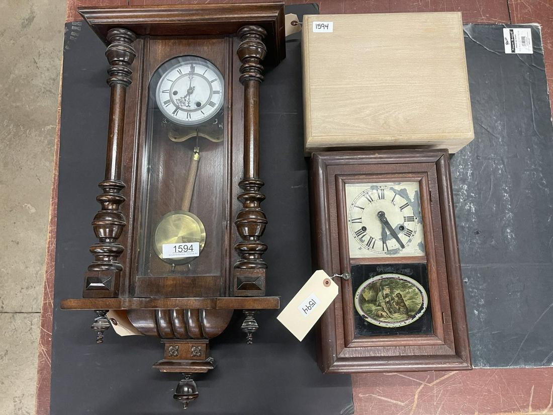 Walnut Wall Clock & Seth Thomas Shelf Clock: Walnut Wall Clock w/ Porcelain Dial & Seth Thomas Shelf Clock w/ Hunter & Dog Decoration & Oak Cigar Humidor - Wall clock approx 30" h x 15" x 7.5"