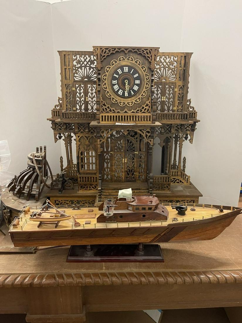 Model Wooden Gun Boat & Wooden Clock: Model Wooden Gun Boat & Hand Crafted Wooden Clock - boat approx 28" l