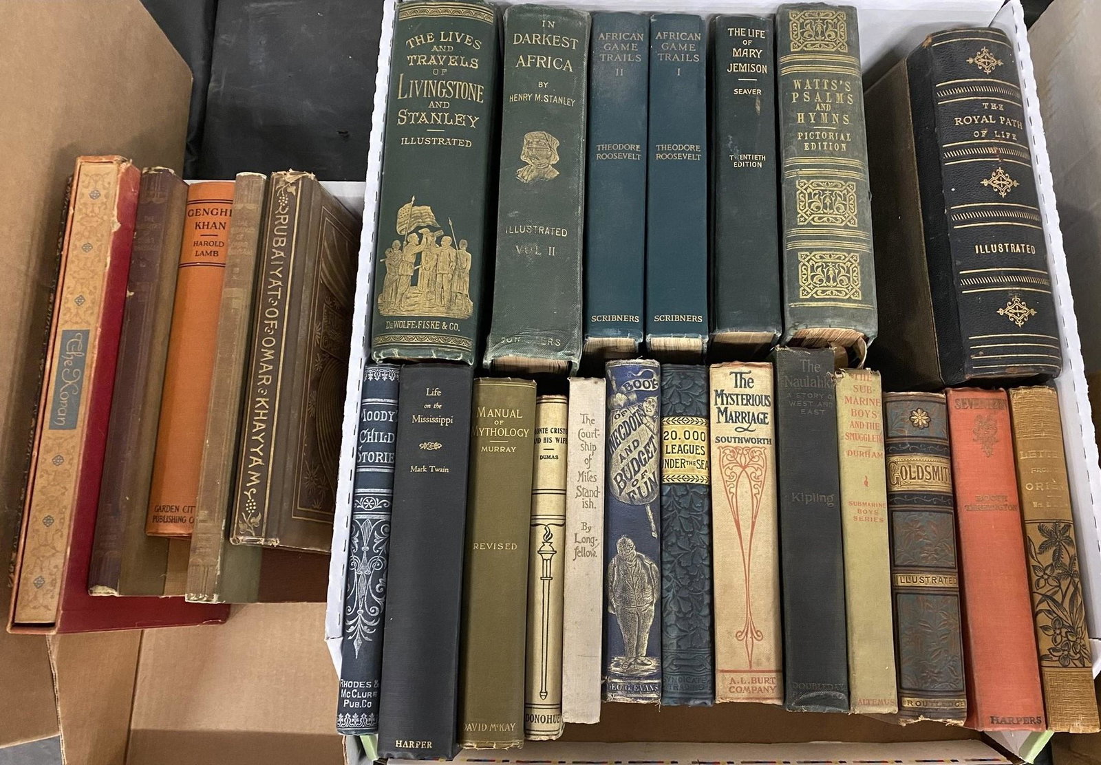 Group of Books incl. Rubaiyat of Omar Khayyan: Group of Books incl The Lives and Travels of Livingstone and Stanley Illustrated, African Game Trails, 2000 Leagues Under the Sea, Several Rubaiyat of Omar Khayyan, etc -
