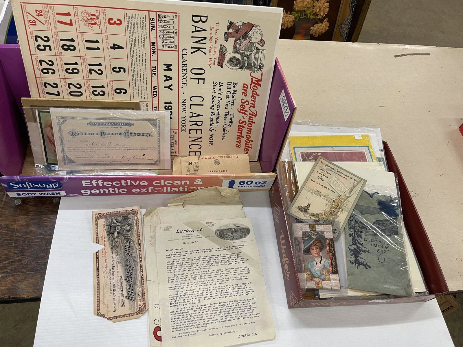 Mixed Calendar Lot incl. Lawson Wood: Mixed Calendar Lot incl. Lawson Wood Calendar, Larkin Company Letter, 1931 Bank of Clarence Calendar, etc -