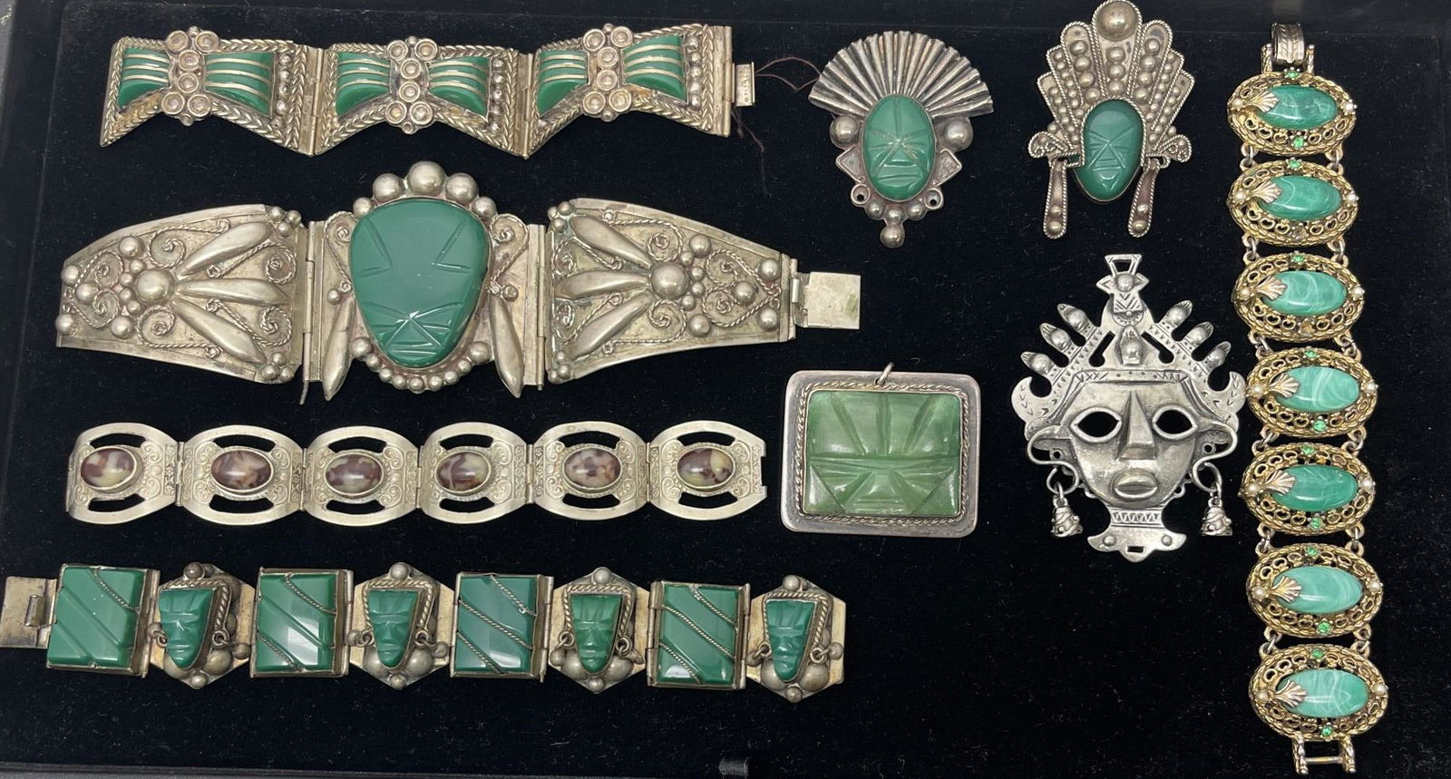 Mostly Sterling Jewelry incl Bracelets, Pins etc: Mostly Sterling w/ Turquoise, Malachite, Bracelets, Pins, etc. -