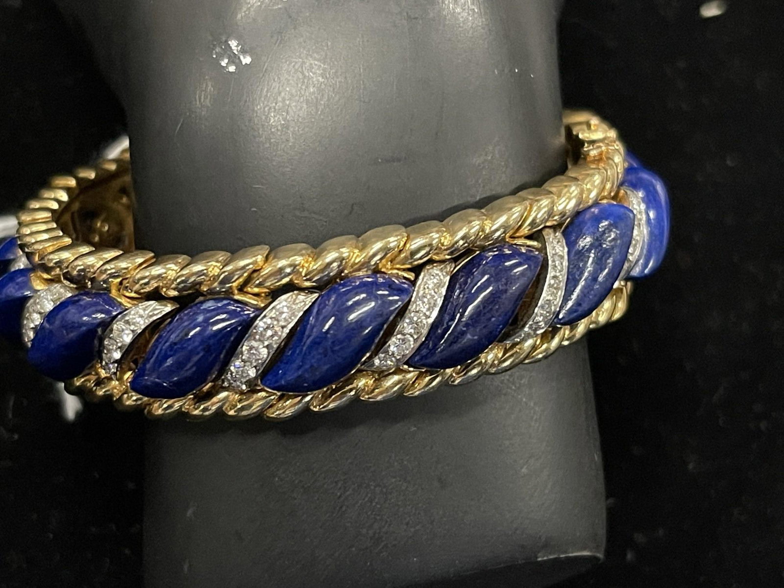 Gold Bracelet w/ Lapis & Diamonds: Attrib to Verdura Gold Bracelet w/ Lapis & Diamonds, Marked Made in France, total weight approx. 80g -