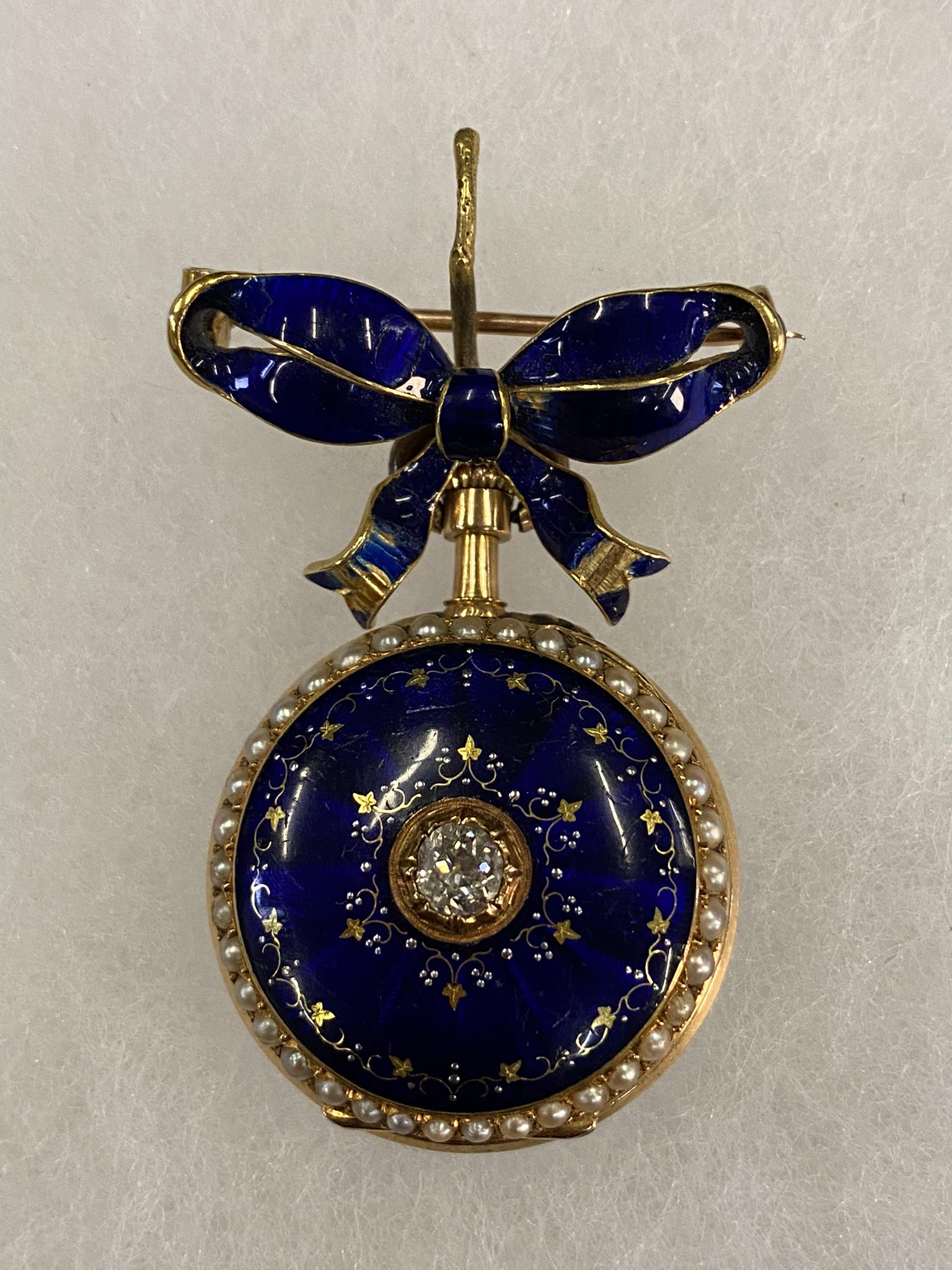 Blue Enamel & 18k Gold Watch & 18k Bow Pin (1 of 9)