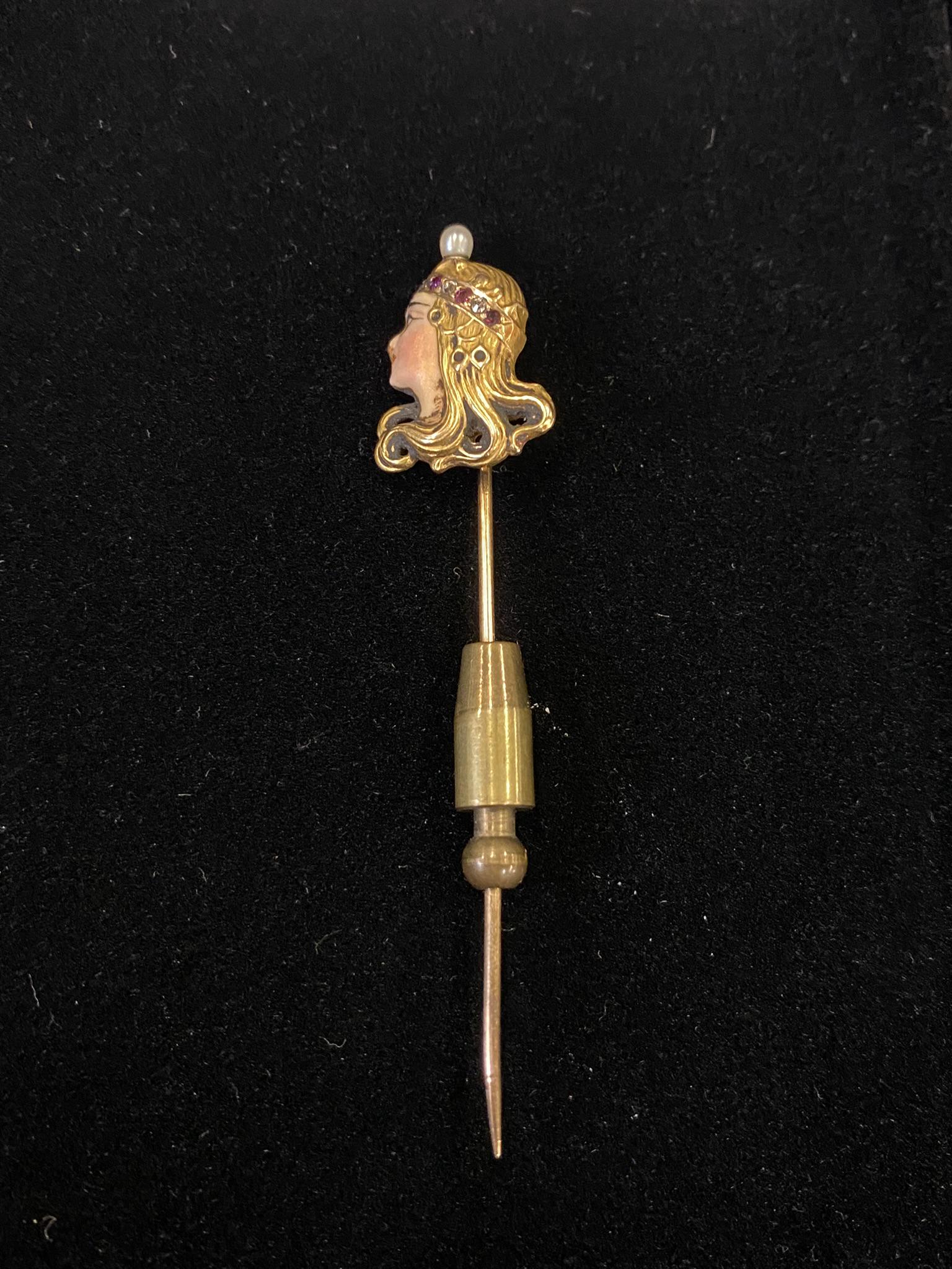 Art Nouveau 14k Gold Enameled Pin w/ Rubies (1 of 7)