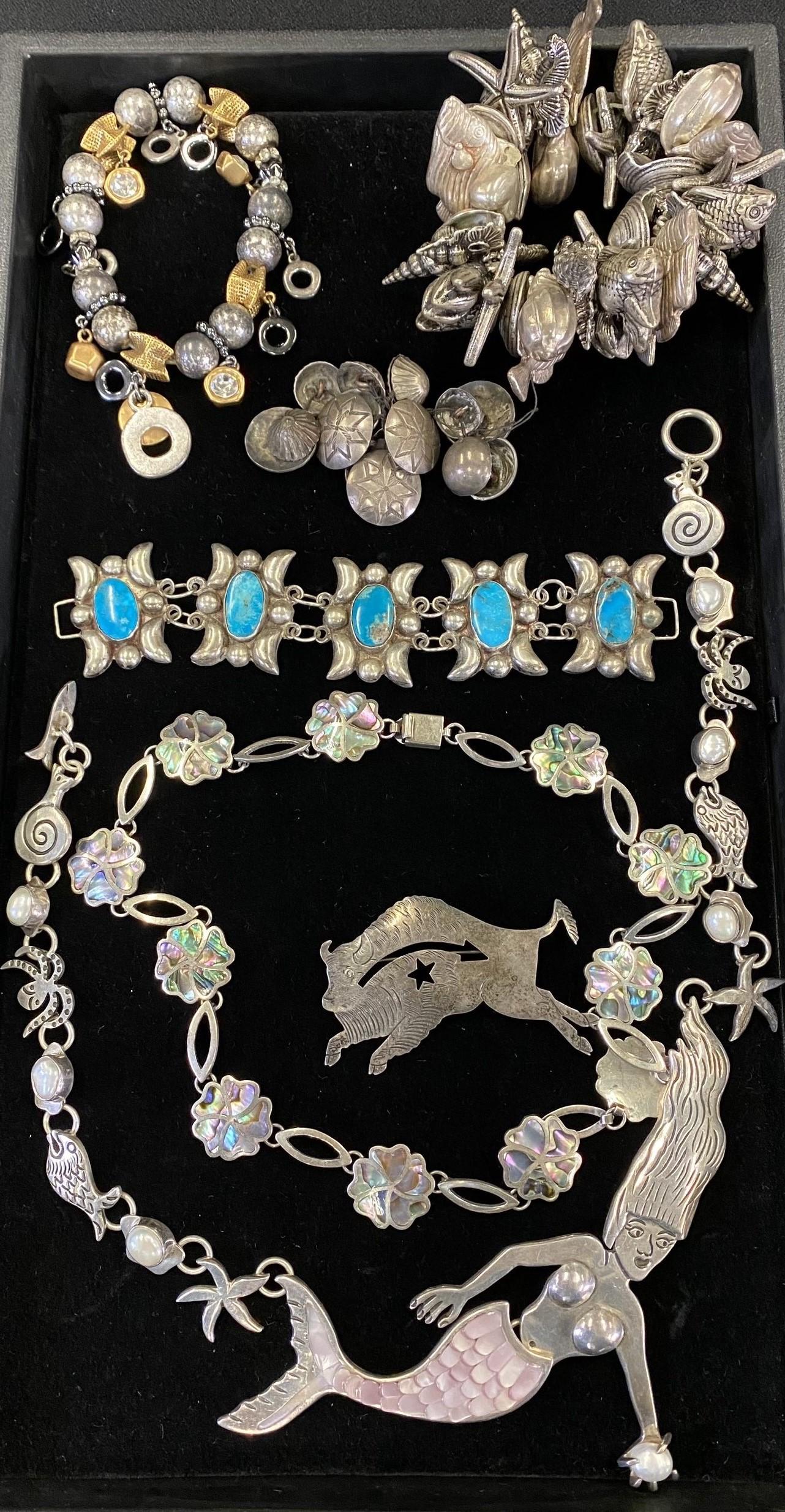 Lot of Mostly Silver Jewelry incl. Mermaid: Lot of Mostly Silver Jewelry incl. Mermaid Necklace, Shell Bracelet, etc -