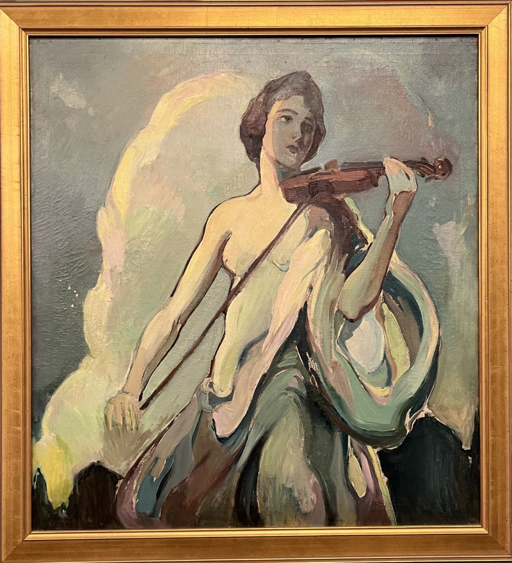 Alex Levy Oil on Canvas Painting of Woman: Oil on Canvas Painting by Alex Levy of Half Nude woman playing violin - Frame Approx. 45" x 49"