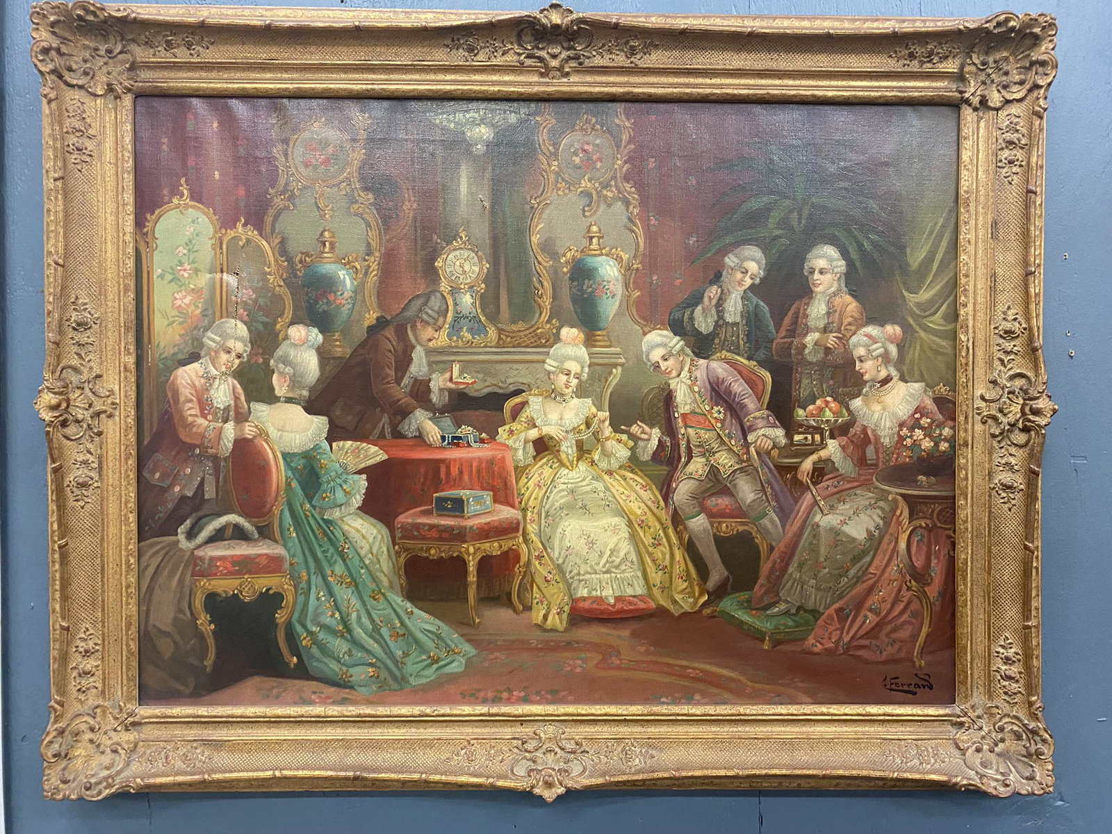 G. Ferrand Oil on Canvas Painting: G. Ferrand Oil on Canvas Painting French Renaissance Parlor Scene - Approx 36" x 28"