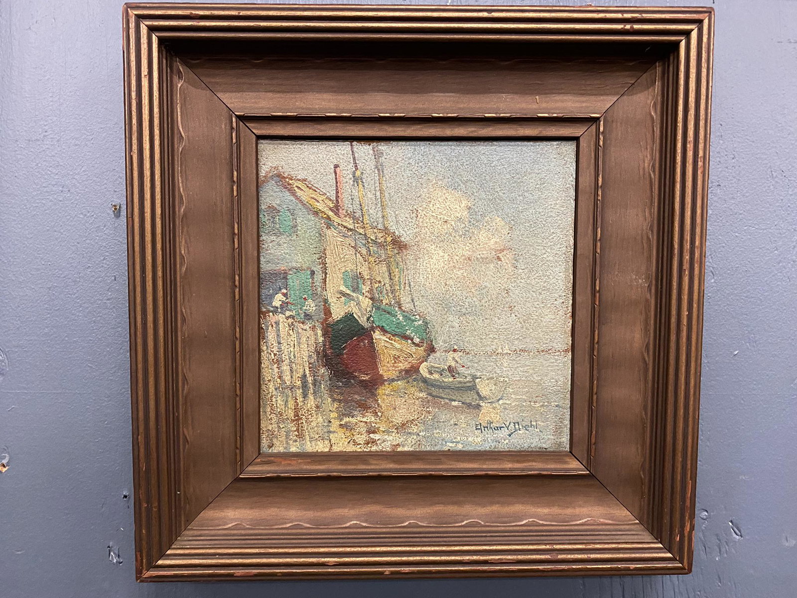 Arthur Diehl Oil on Board Painting: Arthur Diehl Oil on Board Painting of Harbor, Fishing Boats at Dock - Approx 10" x 10"