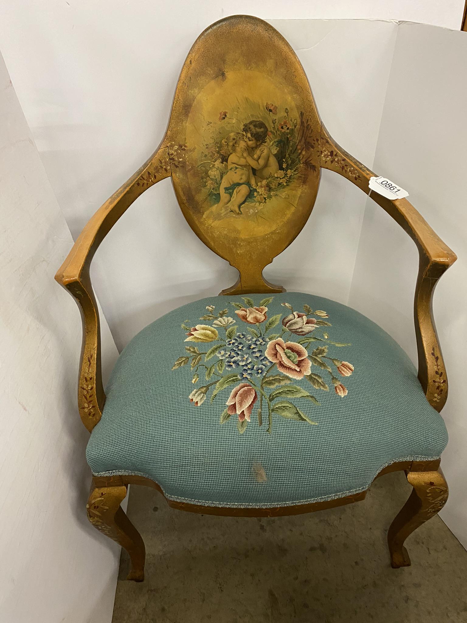Unusual Arm Chair w/ Painting of Cherubs Kissing (1 of 12)