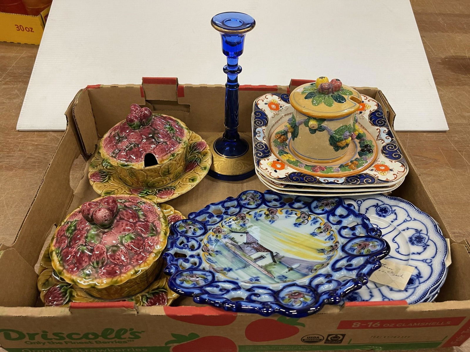 Majolica Pieces, Flo Blue Plates, etc.: Box Lot of Later Majolica Pcs, Decorated Portugal Plate, Flo Blue Plates, etc -