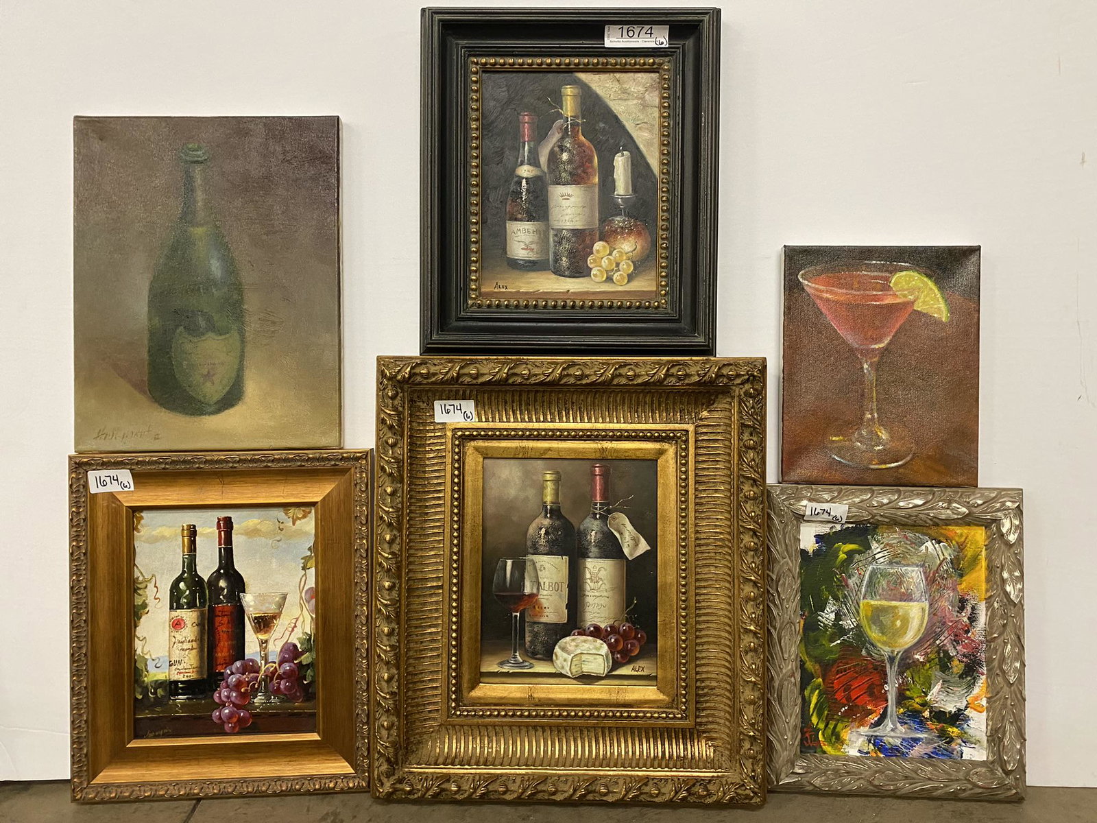 6pcs Artwork incl. Martini Glasses, etc: 6pcs Artwork incl. Martini Glasses, Champaign Bottles, Wine Bottles, etc incl 1 Signed Alex, Hall Groat II - Largest approx. 18" x 16"