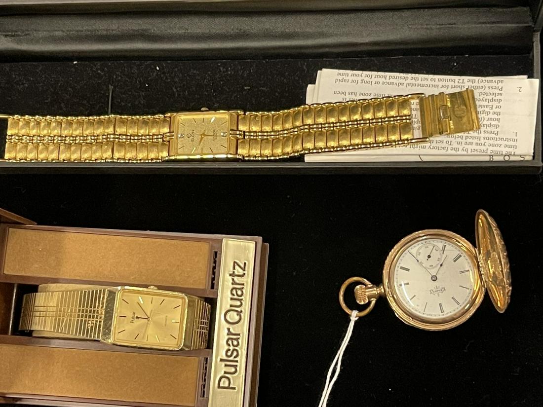 2 Wristwatches and 1 Gold Filled Pocket Watch: 2 Wristwatches incl Pulsar Quartz & Elgin gold plated and 1 gold filled pocket watch -