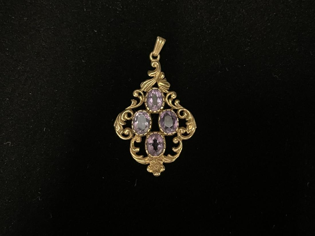 Gold Pendant Marked .375 w/ 4 Stones of Amethyst (1 of 5)