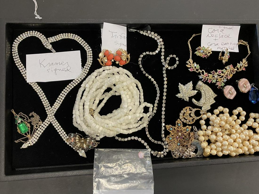 Tray w/ Costume Jewelry incl Kramer Necklace: Tray w/ Costume Jewelry incl Kramer Necklace, Coro, Trifari, etc -