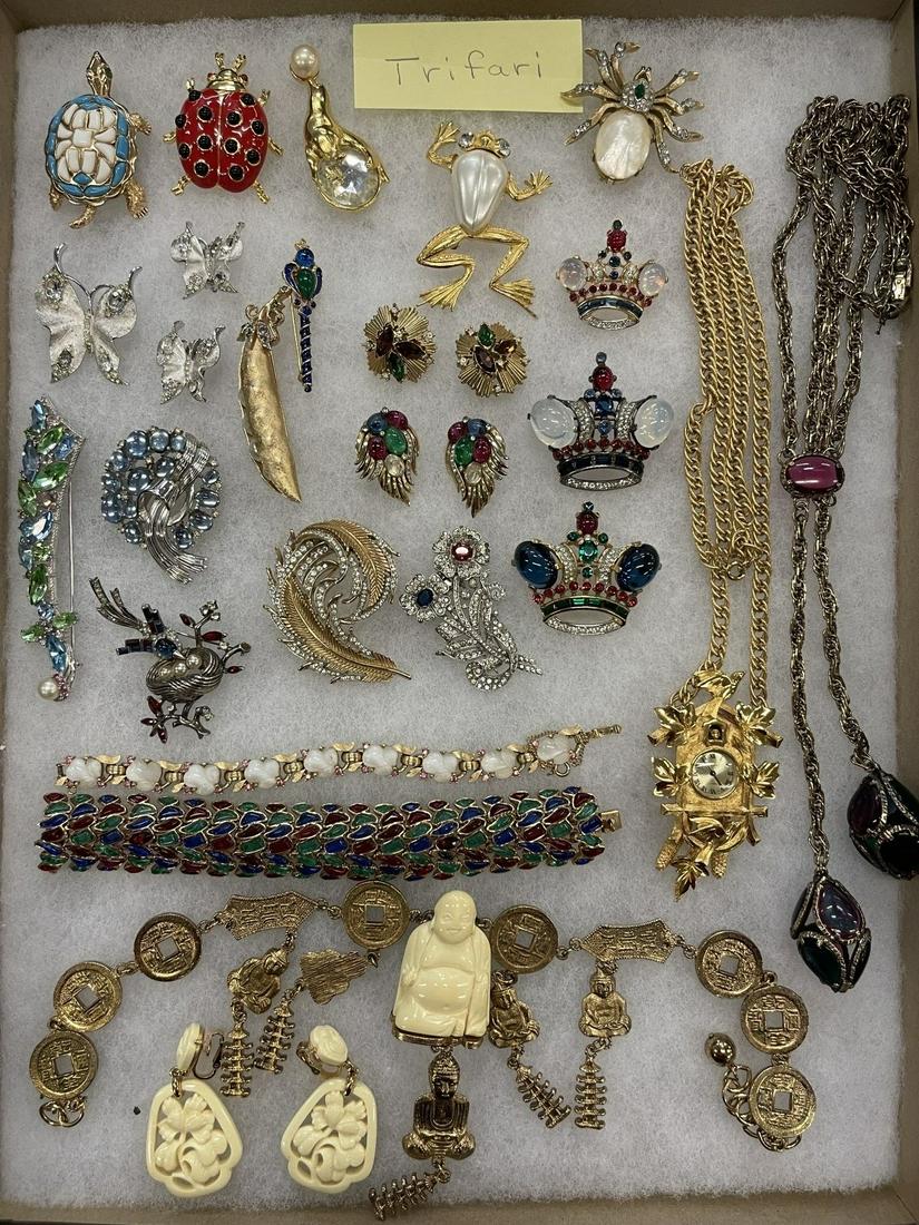 Large Tray of Mostly Trifari Jewelry: Large Tray of Mostly Trifari Jewelry incl Crowns, etc -