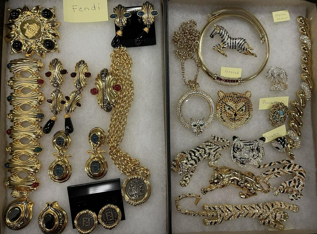 2 Trays Jewelry incl. Fendi and more: 2 Trays incl 1 Mostly Fendi Jewelry incl Necklace, Earrings, etc and 1 tray with Nolan Miller, Grosse, Panetta, incl Lions, etc. -