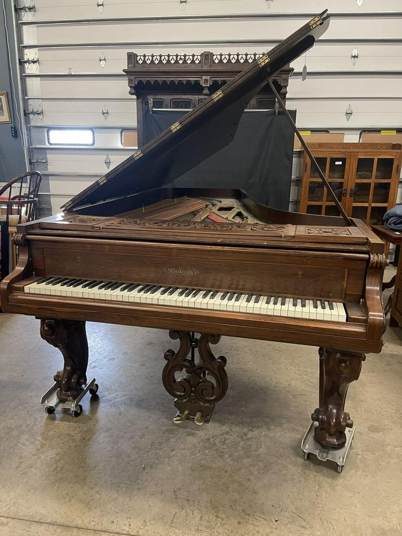 19th C Rosewood Chickering Grand Piano: Rosewood Chickering Grand Piano w/ Carvings on legs and sides, 19th C. - approx 59" w x 103.5" l x 37" h