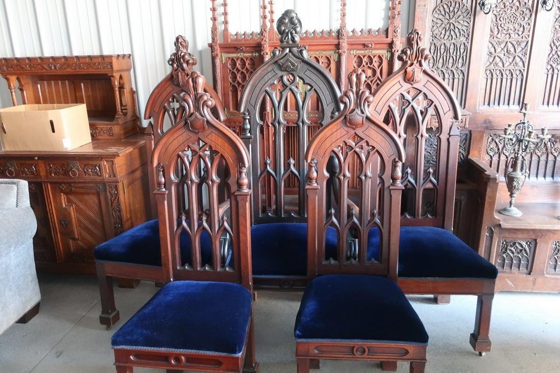 5 Large Walnut Gothic Chairs Circa 1880s: 5 Large Walnut Gothic Chairs Circa 1880s incl 1 Armchair, 2 side chairs and 2 shorter side chairs -