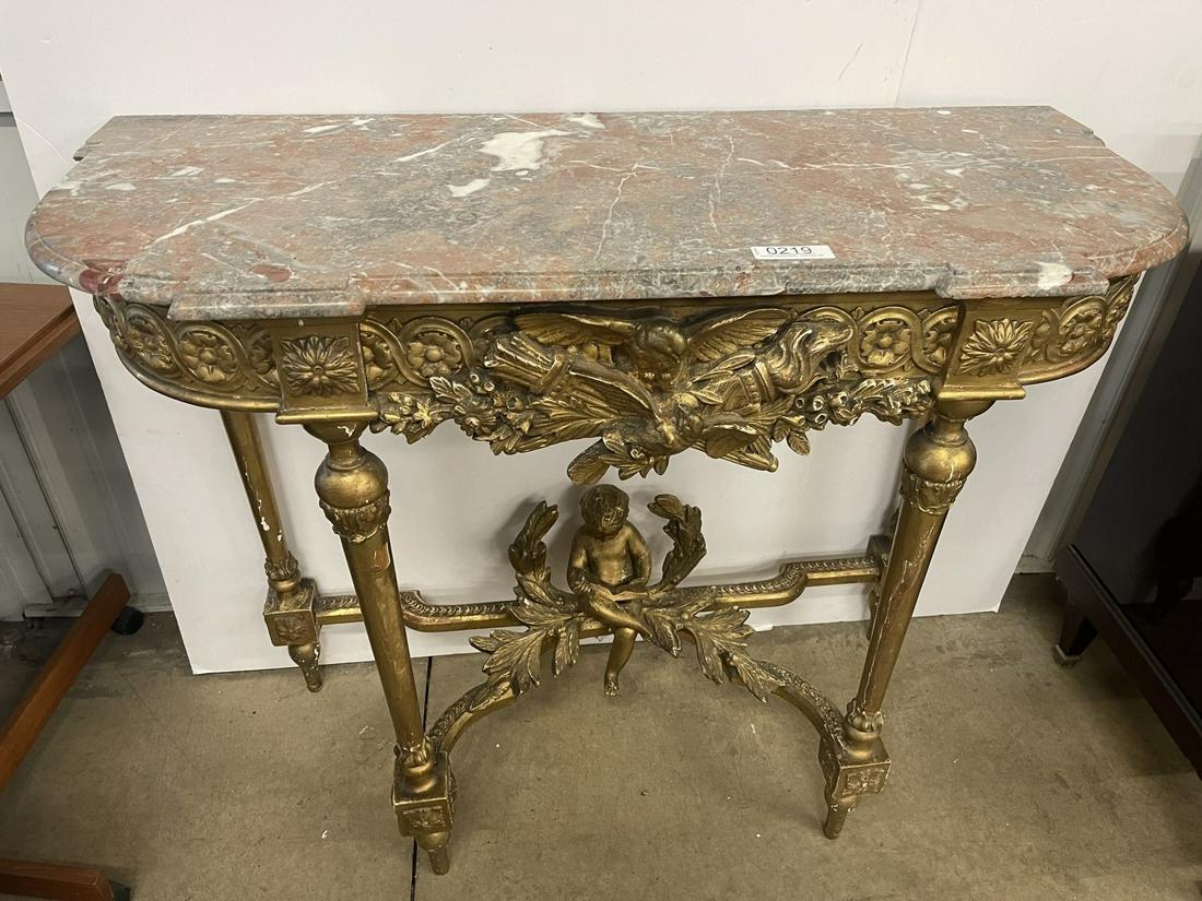 Wood & Gold Gilt Console Table w/ Marble Top: Console Table, Wood w/ Gold Gilt and marble top with young boy sitting on base, circa late 1800s-early 1900s - Approx. 45"L x 37 1/2" H x 18 1/2" D
