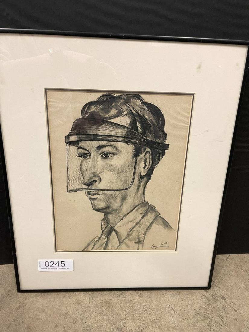Pencil Drawing of Worker Signed Tony Sisti: Pencil Drawing of Worker Signed Tony Sisti 1944, sold at Sisti Auction, titled Grinder Wearing Shield, Bel Aerospace - Approx. w/ frame 15.5" x 18.5"