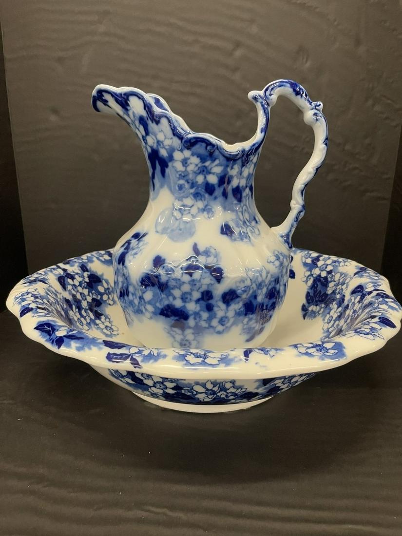19th C Flo Blue Pitcher and Bowl Set: 19th C Flo Blue Pitcher and Bowl Set with blue mark on bottom -