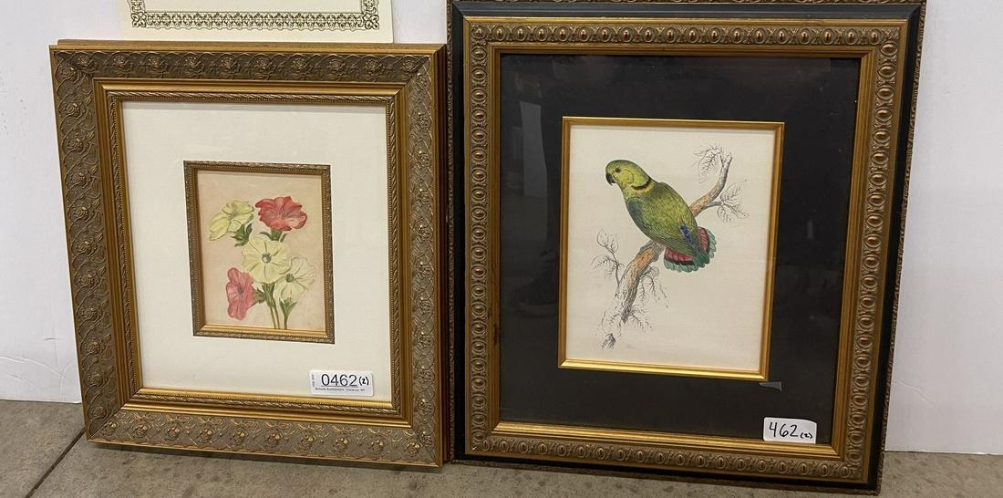 2pcs Artwork incl. Watercolor Painting: Watercolor on Paper, unsigned, early 20th C. in gold frame and Edward Lear watercolor painting over lithograph of parrot - Approx. 17" x 19" Largest