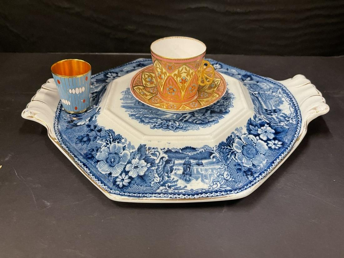 Tiffany and Co. Decorated Cup and Saucer: Tiffany and Co. Decorated Cup and Saucer Enamel Shot Glass and Adams England Under Plate -