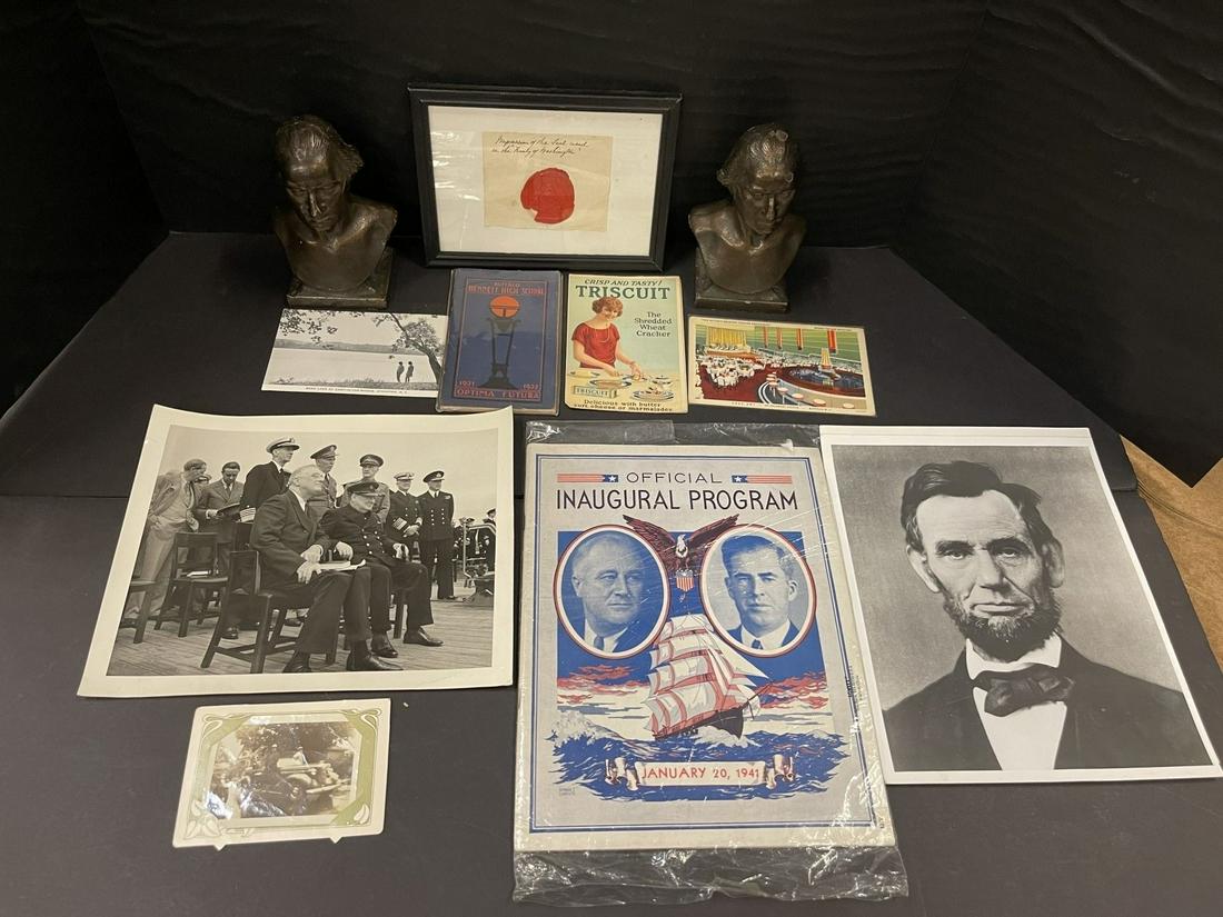 Mixed Political lot and more incl. Bookends: FDR Photo,Inaugural Program, Washington Wax Seal Impression, Bookends, Buffalo High School Year Book, Etc. -