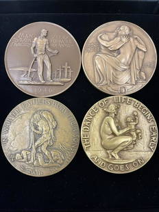 4 Medals from Society of Medalists: 4 Medals from Society of Medalists incl. 14th, 15th, 16th, & 17th issues - Crosses/peace 1936 Artist Albert Stuart, Lovers Man All Man Kind Artist Robert Aitken, In War the fathers bury their sons Art