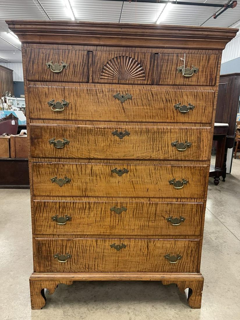 Early Chippendale 6 Drawer High Boy Dresser: Fabulous Early Chippendale 6 Drawer High Boy Dresser in tiger maple - Approx. 36" x 19" x 57.5"