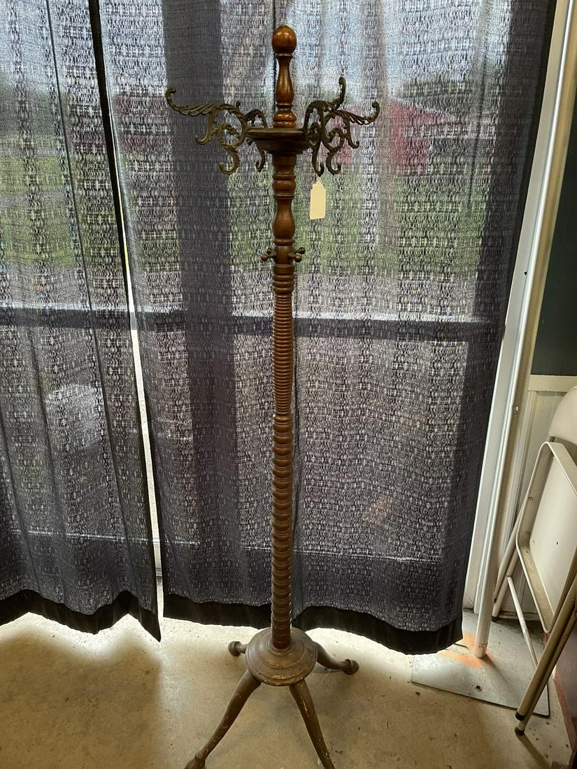Early Turned Wood Coat Rack: Early Turned Wood Coat Rack w/ 4 Fancy Hooks - approx 69" h x 24" at base