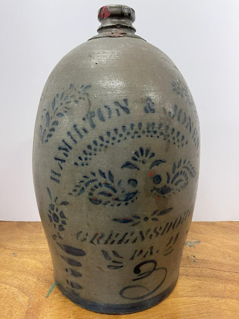 Hamilton & Jones Stoneware Jug,: Hamilton & Jones Stoneware Jug, Greenburg, PA - Approx 3 gal