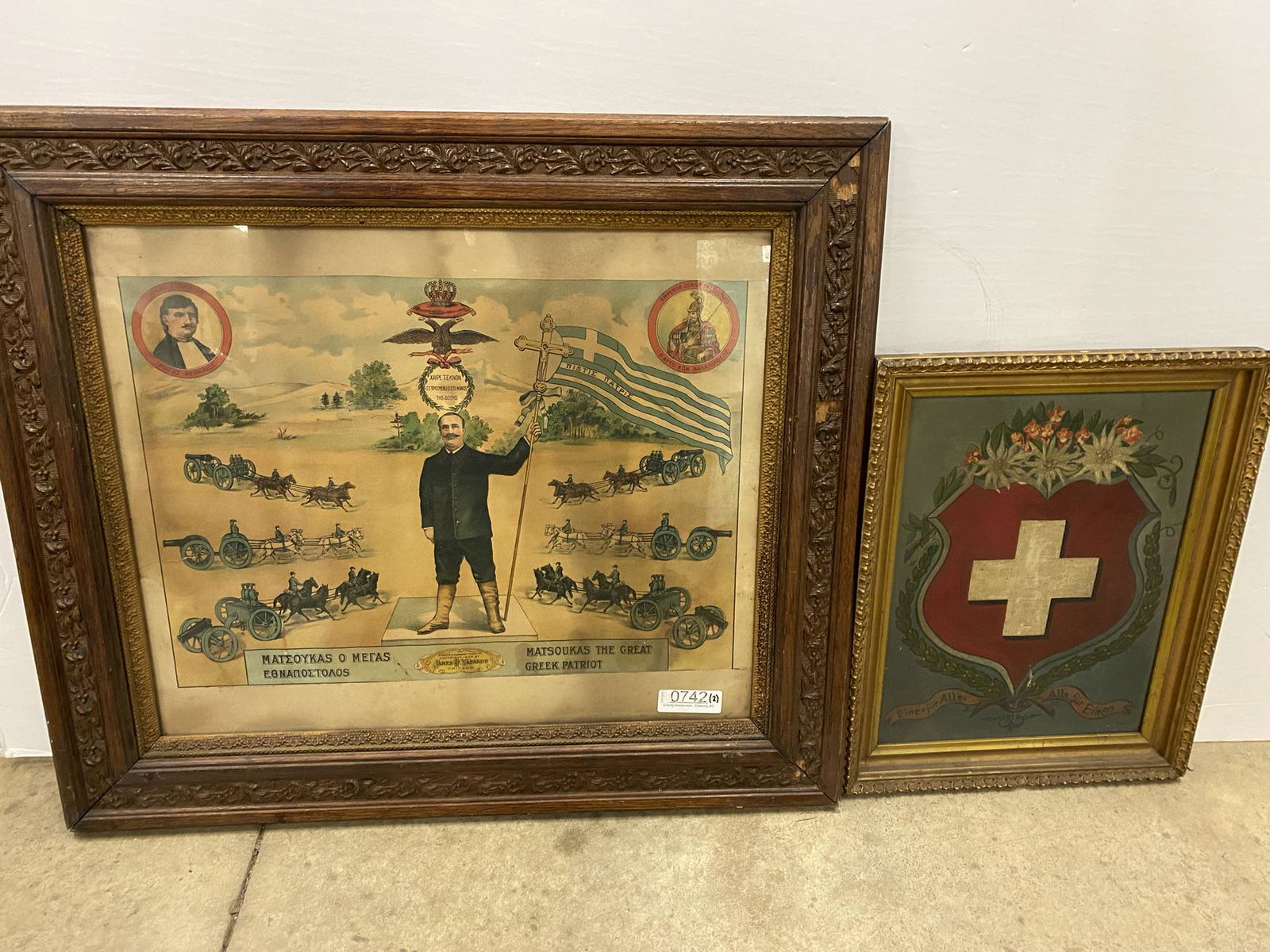 2 Works of Art incl. 1 Oil on Canvas Painting: 2 Works of Art incl. 1 Oil on Canvas Painting 1914 with White Cross and Colored Print Called Matsukas The Great Patriot - approx 31" x 27"