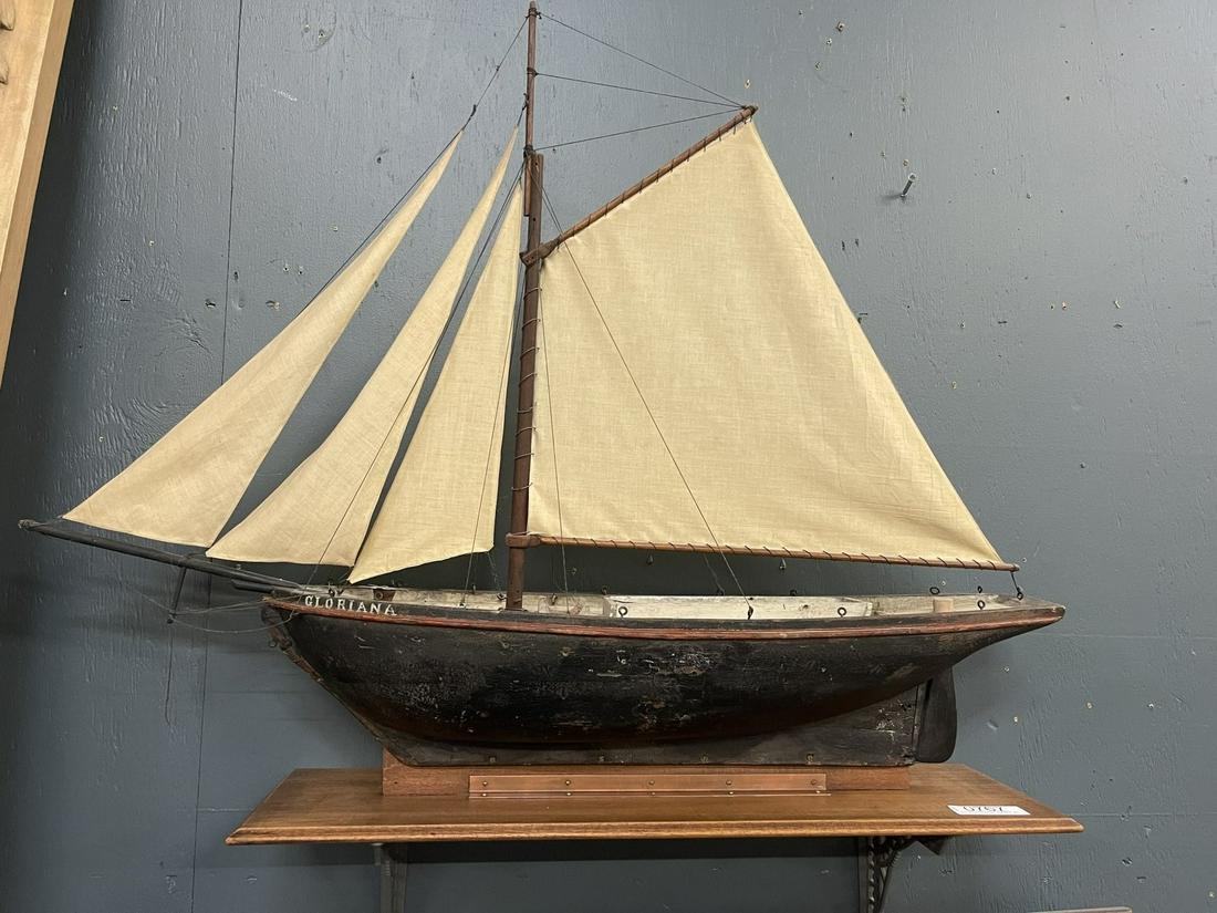 Model Sailboat/Pond Boat, "Gloriana" on shelf: Model Sailboat/Pond Boat, "Gloriana" on shelf -