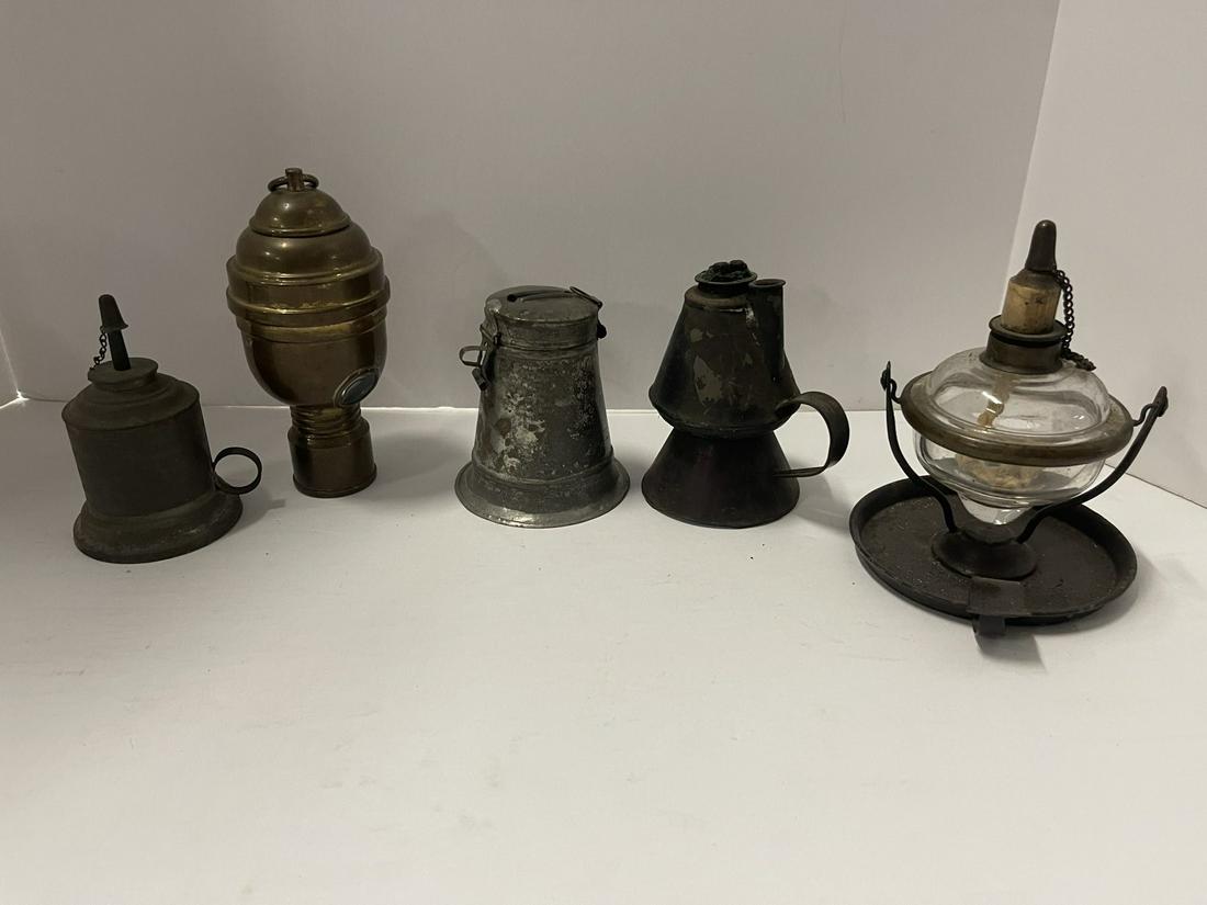 Early Oil Lighting Lot, Tin, Glass, Brass (1 of 6)