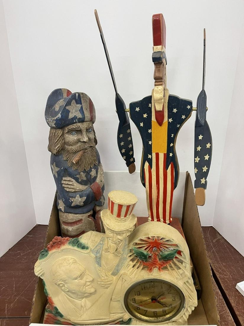 Uncle Sam Related Items: Uncle Sam Related Items incl. Wood Carved Figure, Whirligig w/ Uncle Sam, Metal Clock w/ Uncle Sam & Roosevelt - Log man approx 5.5" diam x 18" h
