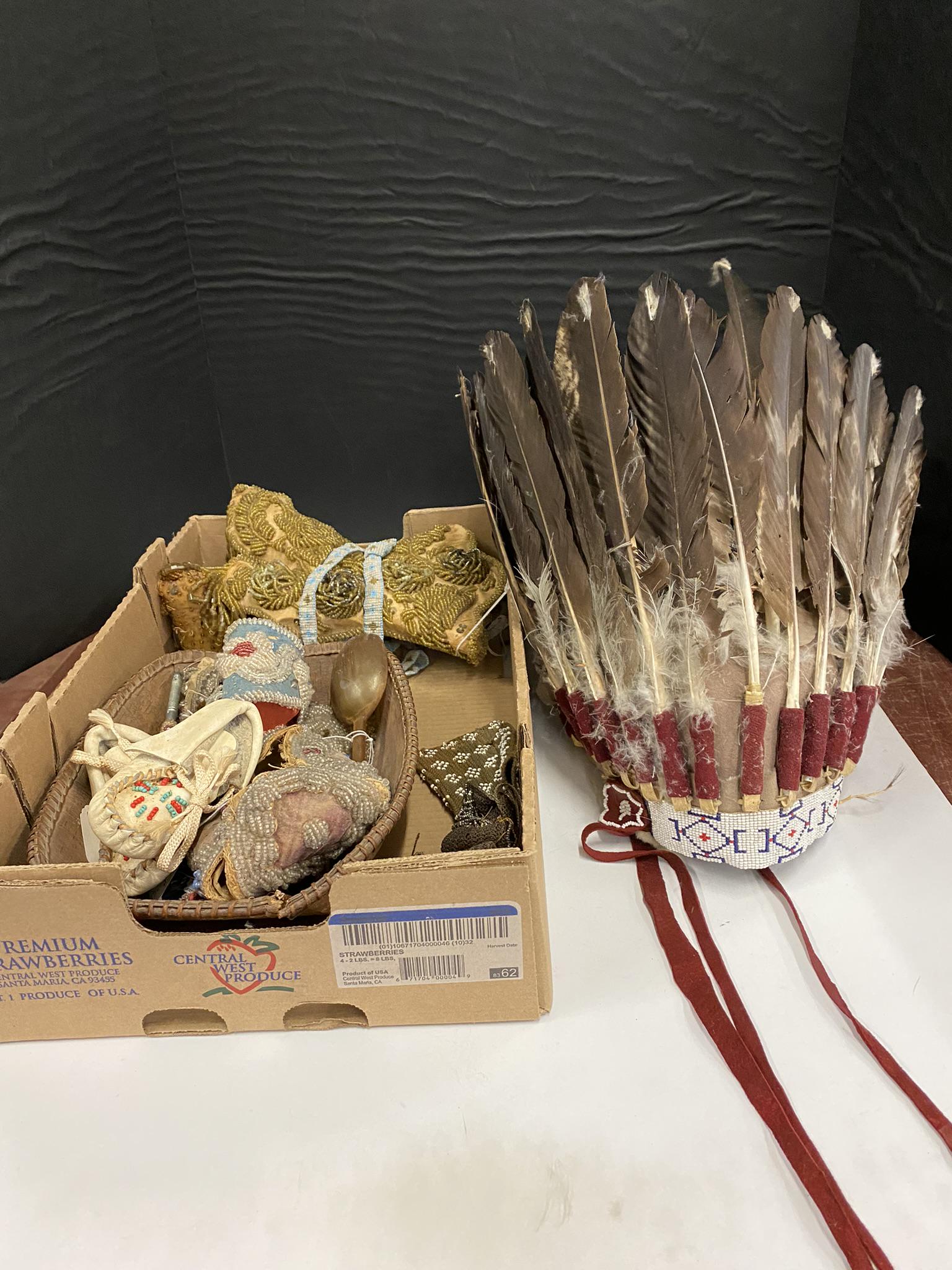 Group of Native American Beadwork: Group of Native American Beadwork, Beaded Shoe, Beaded Bird, Childrens Shoes, Birch Tree Bowl, Headdress, etc -