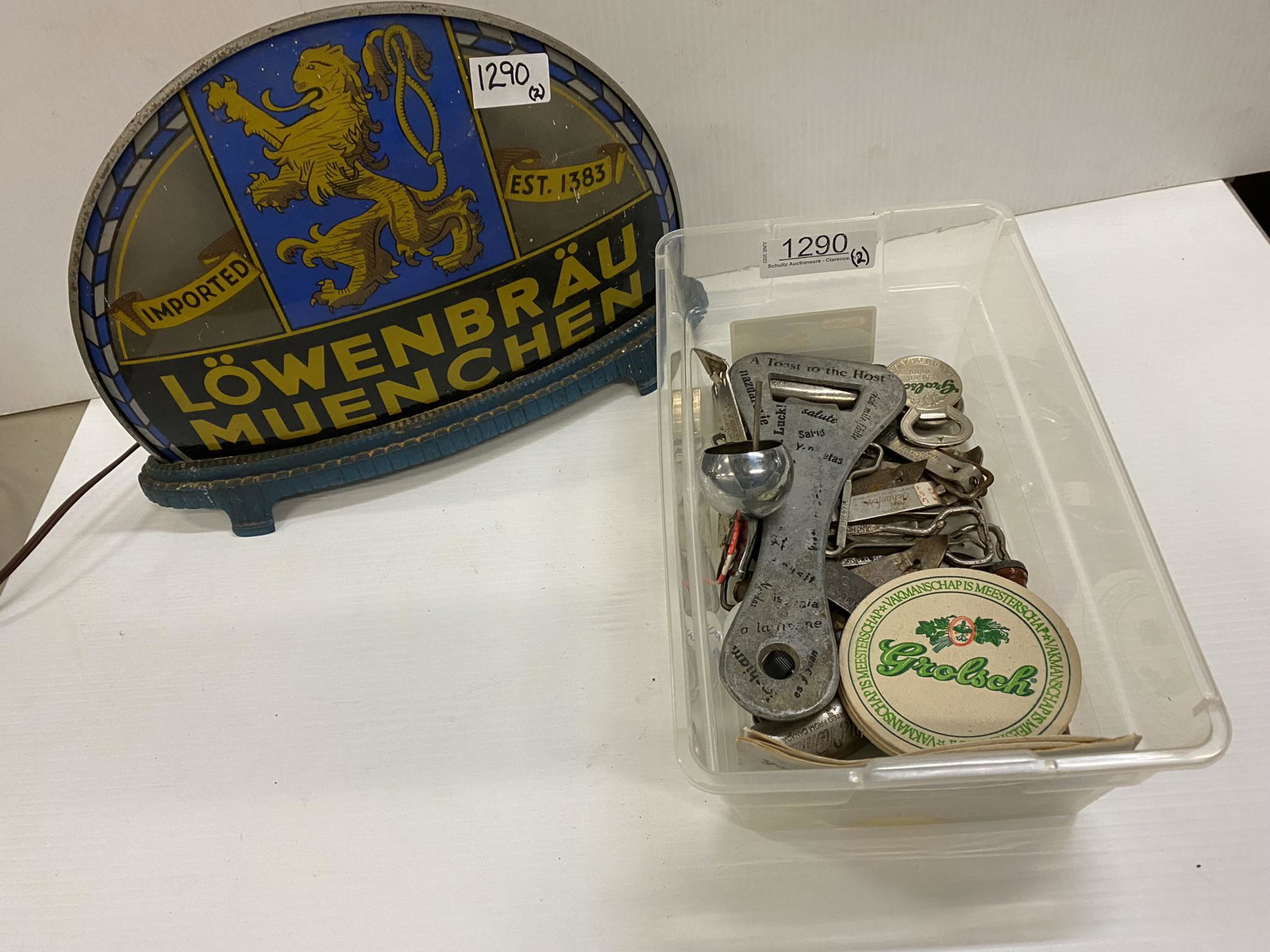Vintage Lowenbrau Sign & Bottle Openers: Vintage Lowenbrau Glass & Metal Illuminated Advertising Sign & Group of Bottle Openers - sign approx 4" x 15" x 10.5" h
