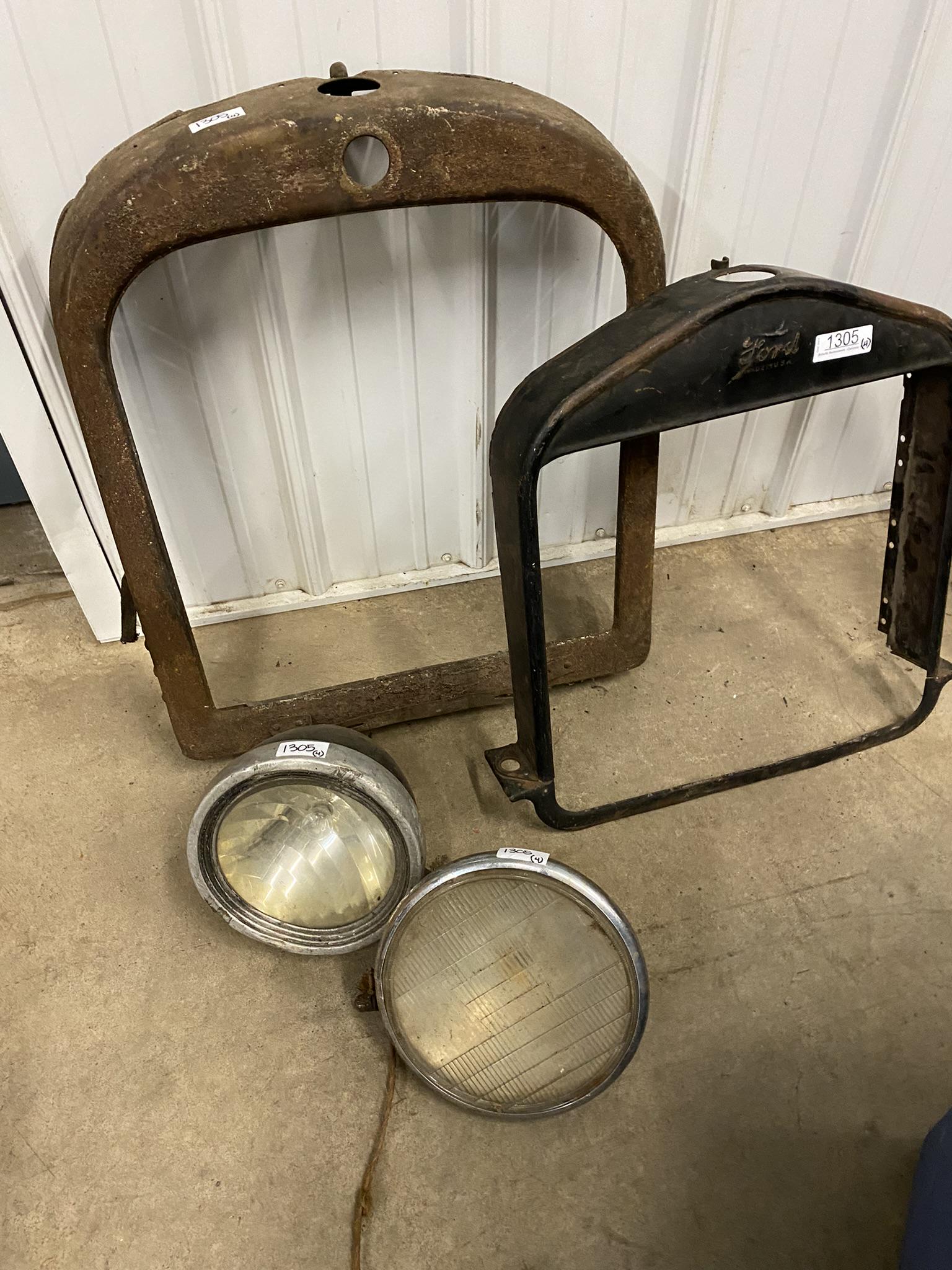 Ford Model T Radiator Surround, 2 headlights etc: Ford Model T Radiator Surround, 2 headlights, and additional radiator surround - largest approx. 22" x 6" x 28"