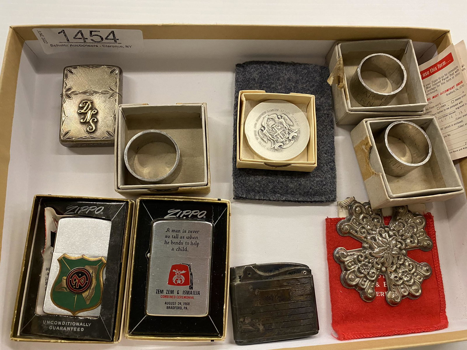 Misc Lot incl. 3 Zippo Lighters etc: 3 Zippo Lighters incl. 1 Sterling Lighter, 1 from 27th MP Co., Ronson Lighter, Sterling Christmas Ornament etc -