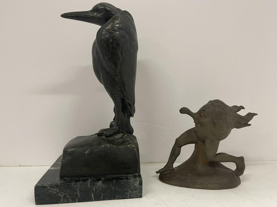 Van De Voorde Bronze Crow & Luzi Sculpture: Van De Voorde Bronze Crow on Marble Base Brig Paris Foundry Mark (Approx 8.5" x 4" x 4" and Luzi Surrealist Clay Sculpture -