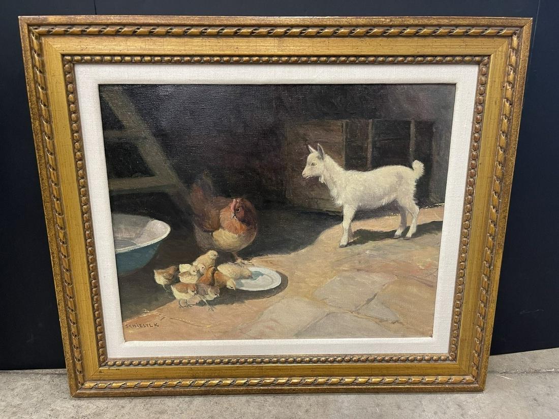 Schiestlk Oil on Canvas Painting of Hen & Goat (1 of 7)