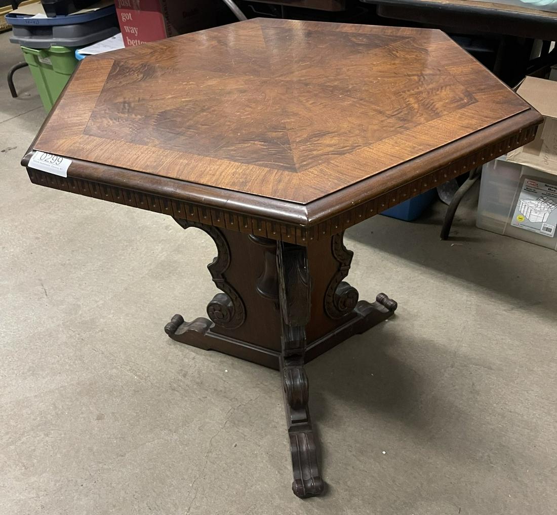 Hexagon Burl Top Table with Carving (1 of 6)